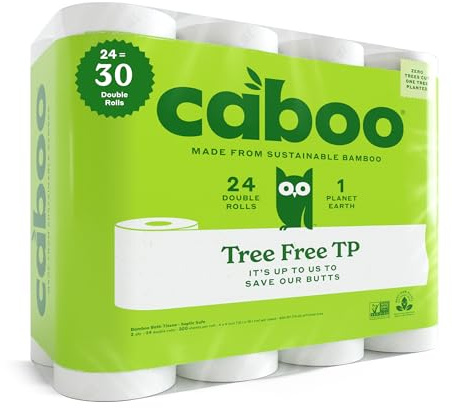 Caboo Baumfreies Bambus-Toilettenpapier, septisch sicher, biologisch abbaubar, umweltfreundlich, Tuch mit weichen, schnell löslichen 2-lagigen Blättern, 300 Blatt pro Rolle, 24 Doppelrollen