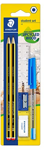 STAEDTLER Noris 120 Bleistift-Set HB – mit Schreib-Zubehör | 2 Bleistifte, Radierer, Spitzer, Kugelschreiber & Lineal – Sechskant – Art.-Nr. 120SET BKD