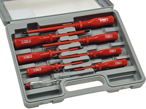 ChiliTec Elektro Schraubendreher-Satz 8-teilig 4X Schlitz 3X Kreuz + 1x Phasenprüfer Isolierter Schaft Spannungsfest bis 1000V mit Transportkoffer