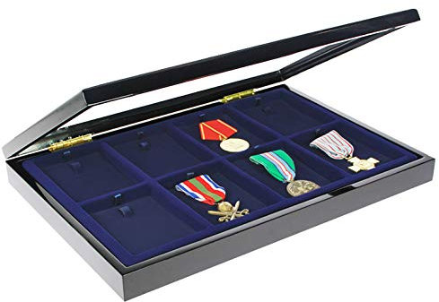 SAFE 5926 Echt Holz Vitrine schwarz hochglänzend für 8 Orden | Trägerkissen herausnehmbar | Abdeckung mit Magnetverschluss | Abmessungen : 375x260x30 mm