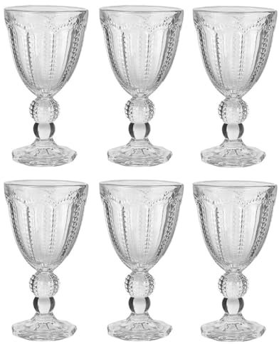 Set of 6 Red Wine Glasses Embossed Clear Baroque Goblets Alfresco Dining Glassware - 250ml (DA01)