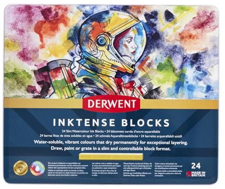 Derwent Inktense 24 Tintenblöcke, Set mit 24 Wasserfarben, Breite 8 mm, wasserlöslich, ideal zum Zeichnen, Ausmalen, Basteln und Malen auf Papier und Stoff, professionelle Qualität (2300443)