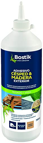 BOSTIK Adhesivo Césped y Madera para Exterior - Adhesivo Monocomponente de Poliuretano, Pegado Resistente a la Humedad, Multimaterial, con Tapón Dosificador, Alta Capacidad de Relleno, Biberón 750 g