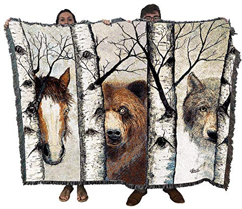 Pure Country Weavers Trio Horse Bear Wolf Blanket by John Saunders - Wildlife Lodge Cabin Gift Tapestry Throw Woven from Cotton - Made in The USA (72x54)