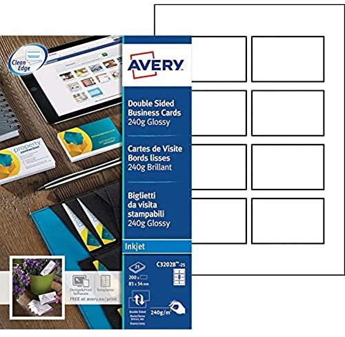 Avery C32028-25 Printable Double-Sided Glossy Business Cards, 8 Cards Per A4 Sheet