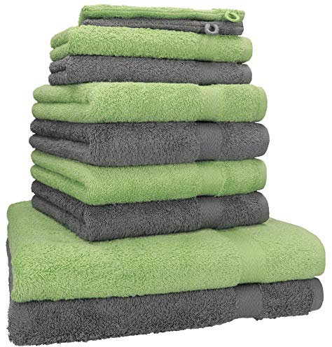Betz Premium Frottier Handtuch-Set 10-teilig - 2X Duschtücher - 4X Handtücher - 2X Gästetücher - 2X Waschhandschuhe - Anthrazit & Apfelgrün