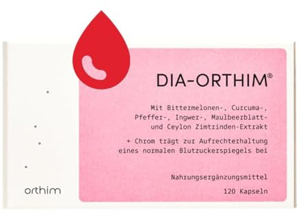 DIA-ORTHIM - 120 Kapseln - Aufrechterhaltung eines normalen Blutzuckerspiegels - Mit Bittermelone, Curcuma, Ingwer - Laborgeprüft, vegan, laktosefrei + in Deutschland produziert | Mit Bittermelone, Curcuma, Ingwer, Laborgeprüft, Vegan, Laktosefrei, In Deutschland produziert
