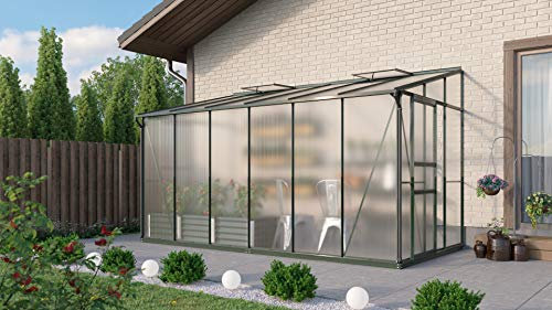 Gartenwelt Riegelsberger Anlehngewächshaus Ida - Ausführung: 7800 HKP 4 mm dunkelgrün, Fläche: ca. 7,8 m², mit 2 Dachfenster, Sockelmaß: 1,90 x 3,79 m