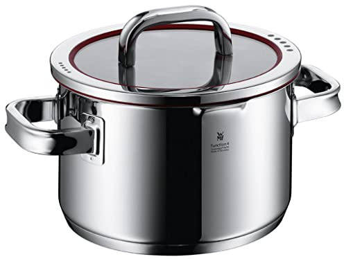 WMF Function 4 Kochtopf groß 20cm, Glasdeckel, Fleischtopf Induktion 3,4l, Cromargan Edelstahl poliert, 4 Abgießfunktionen, Innenskalierung, rot