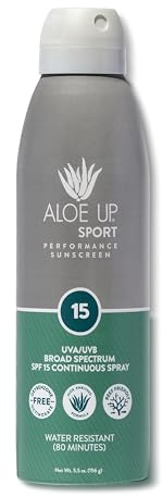 Aloe Up Sport Spray Sunscreen SPF 15 – Broad Spectrum Sunblock with Hydrating Aloe Vera Gel – Fast Absorbing, No White Cast, Reef Friendly, Water Resistant up to 80 Minutes, Fragrance Free – 6 Oz