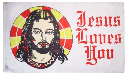 AZ FLAG Drapeau Jesus loves you 150x90 cm Chrétien Polyester 100D 2 Œillets | Usage intérieur et extérieur Drapeau décoratif coutures doubles et bords renforcés avec œillets métalliques