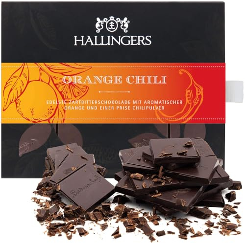 Hallingers Genuss Manufaktur Vegane Schokolade Geschenk - Tafel aus handgeschöpftem Edelkakao ohne Alkohol edler Karton Orange-Chili Orange-Chili, Geschenkidee für Frauen Männer