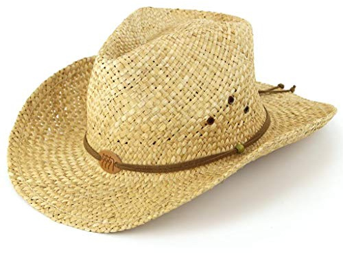 HAWKINS Straw Cowboy Hat with Leather Band and Three Horses Badge Natural