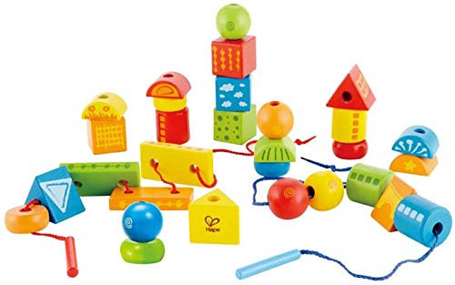 Hape Fädelklötze, klassisches Steck- und Fädelspiel mit 32 bunten Holzklötzen, Motorik- und Lernspielzeug ab 3 Jahren