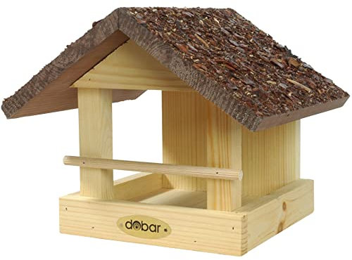 dobar 38120FSCe klassisches Vogelfutterhaus Rindendach - Vogelhaus aus Massivholz - Kleine Vogelvilla zum Hängen an Wand oder Baum - Vogelfutterstation mit Futtertablet - 20 x 22,5 x 18 cm - Braun