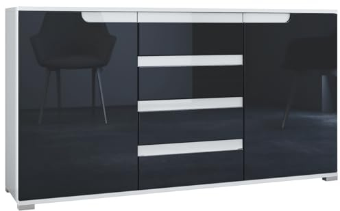 Vladon Sideboard Sylt V1, Kommode mit 2 Türen und 4 Schubladen, Korpus - Weiß matt/Front - Schwarz Hochglanz/Absetzung - Weiß Hochglanz (138,5 x 75,5 x 35 cm)