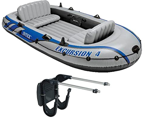 Intex Excursion 4 Inflatable 4 Person Fishing Boat Raft Set with Motor Mount Kit for Rivers and Lakes (Motor Not Included)