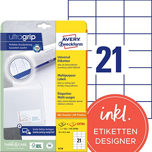 AVERY Zweckform 6174 Adressaufkleber (525 plus 105 Klebeetiketten extra, 70x42,3mm auf A4, Papier matt, bedruckbare Absenderetiketten, selbstklebende Adressetiketten mit ultragrip) 30 Blatt, weiß