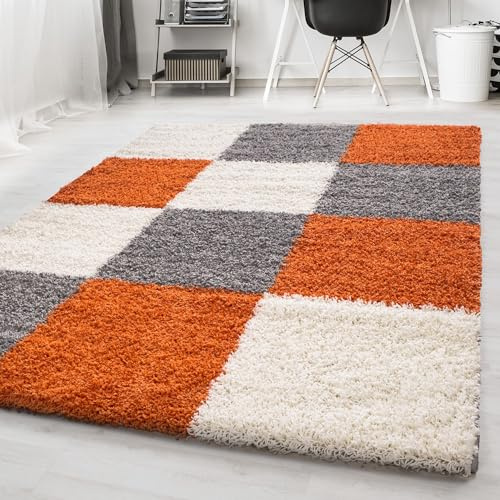Carpetsale24 Hochflor Teppich Shaggy kariert 80x250 cm Orange, flauschig & weich, modernes Karo Design, rechteckig, ideal für Lange Flure oder Küche, stilvoll & schmal geschnitten
