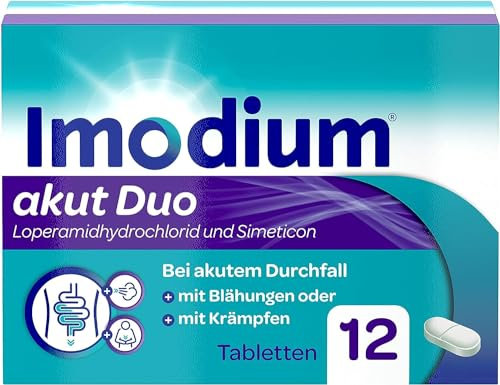 Imodium® akut Duo – Unser bestes Imodium bei akutem Durchfall – Lindert zusätzlich begleitende Blähungen oder Krämpfe - 12 Tabletten