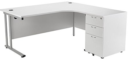 Office Hippo Modern L-Shape Computer Desk with 3-Drawer Filing Pedestal, Integrated Cable Ports, 160 cm x 120 cm x 73 cm, White Top, Silver Frame