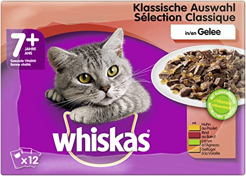 Whiskas 7 + Katzenfutter – Klassische Auswahl in Gelee – Hochwertiges Nassfutter für Katzen ab 7 Jahren und älter – 48 Portionsbeutel à 100g