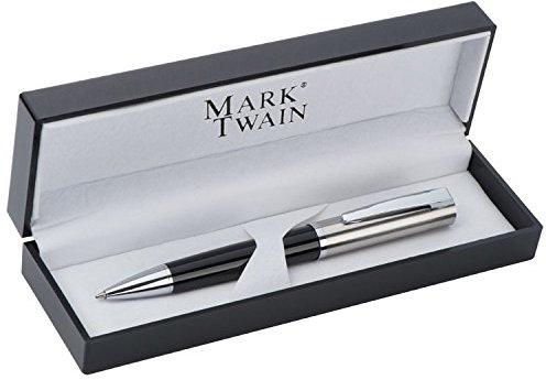 Mark Twain Kugelschreiber aus schwerem Metall Silber & Schwarz Edler Drehkugelschreiber mit Drehmechanik inkl. schwarzem Etui Hochwertiges Business Schreibgerät & Geschenkidee für Herren & Damen