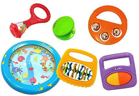 Musik für Kleine Baby-Rhythmus-Set Baby-Maraca Kastagnette Klipp-Klapp-Rassel Meerestrommel Rassel-Roller Schellen Kinder Instrument (6-Teilig), mehrfarbig