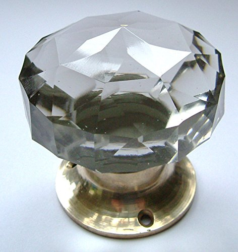 Glass Door knobs, Large Clear Crystal Cut multifaceted Brass Base (Pair)