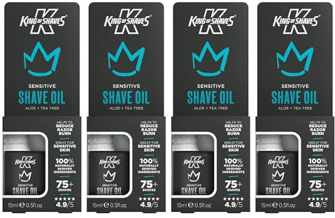 King of Shaves Aceite de Afeitar Sensible para Hombres Pack Cuádruple, Aloe Vera y Árbol de Té, Fórmula Clara Sin Espuma, Reduce Irritación, Vegano, Tamaño de Viaje, 4 x 15ml