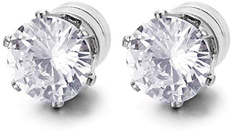 Unisex Magnetic Cubic Zirconia Stud Earrings, 6mm Brilliant Round Stainless Steel Non-Piercing Studs, 1 Pair