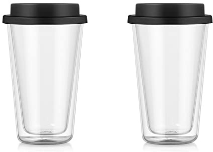 Plcnn 2 st glasglas med dubbla väggar to Go 355 ml återanvändbar klar resemugg med silikonlock isolerad dubbelvägg glas resemuggar för kaffe, mjölk