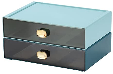 OSteed Desk Tidy Drawers, Worktop Organiser, Large Storage Box, Bule & Cyan | 2 Large Drawers, Tabletop Decorative Plastic Storage Box with Lids, School Stationary Supplies, Office Paper Filing Box