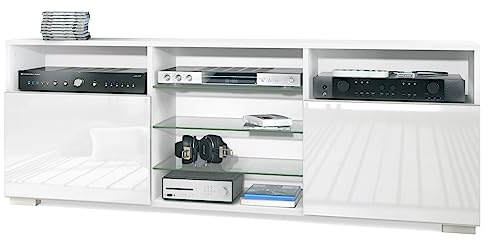 Vladon TV-Board Granada, Lowboard mit 2 Türen und 6 offenen Fächern, Korpus Weiß matt, Fronten in Weiß Hochglanz (146 x 54 x 35 cm)
