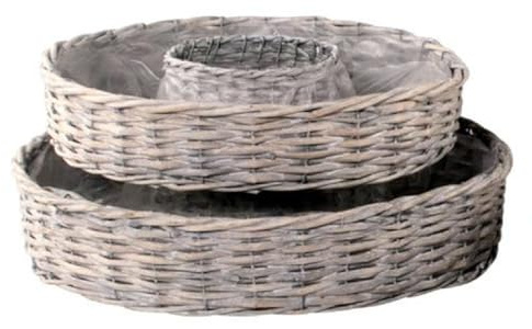 Decpero Pflanzring 2er Set I Holzspan+Weide I Ø40xH9cm + Ø48xH11cm I grau I mit Folie