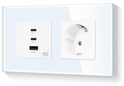LIAONFOY 65W Super Lade mit Steckdose Super Fast Charging Drei Ports usb c Kombination 2 Fach Wandsteckdose Glasrahmen Zweifach Weiß 157mm 100-240V (Neutrale Linie erforderlich)