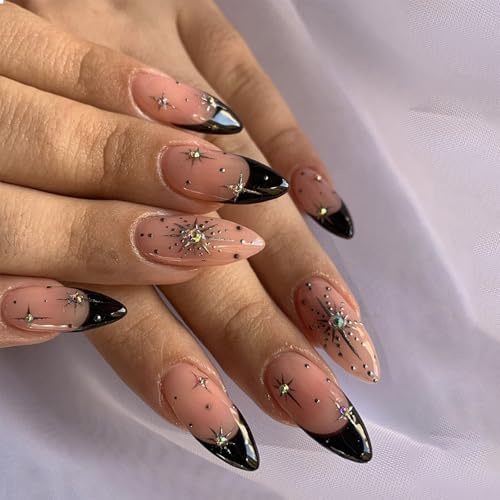 GlamRays 24 Stück Schwarze Press on Nails French Tips Falsche Nägel Mittel Mandel Akrylnägel Nagelpress-Glänzend Falsche Nägel Mit Diamant Sternen Licht Designs Naturkleber Nagel