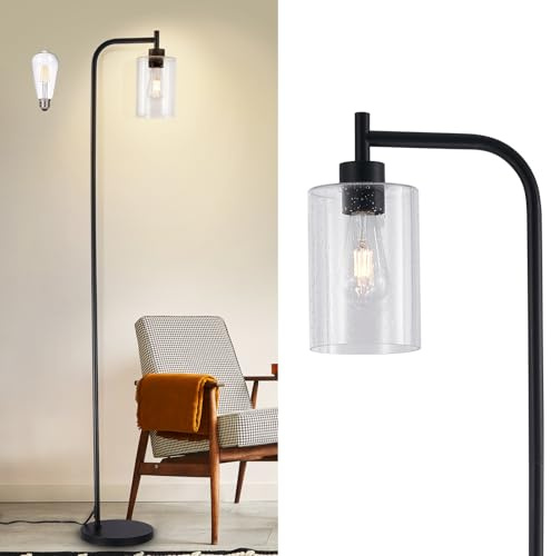 DLLT Floor Lamp Tall for Room: Black Standing Lamp with Seeded Glass Lampshade for Bedroom - Modern Bright Lamp for Living Room - Industrial Corner Floor Lamps for Office 8W Led Bulb Included