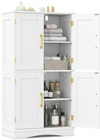 COSTWAY Credenza Alta da Cucina, Mobile Dispensa Salvaspazio in Legno con 4 Ante e 2 Ripiani Regolabili, Armadio Moderno per Scrivania, Cucina, Soggiorno e Ufficio, 60 x 30 x 110 cm (Bianco)