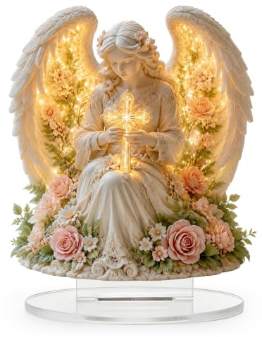 Guardian Angel Ornament, Waterproof Acrylic Angels Figure with Cross, Healing Sculpture Decoration for Garden, Pathway, Yard & Patio Decor, Guardian Angel Gifts for Bereavement & Housewarming
