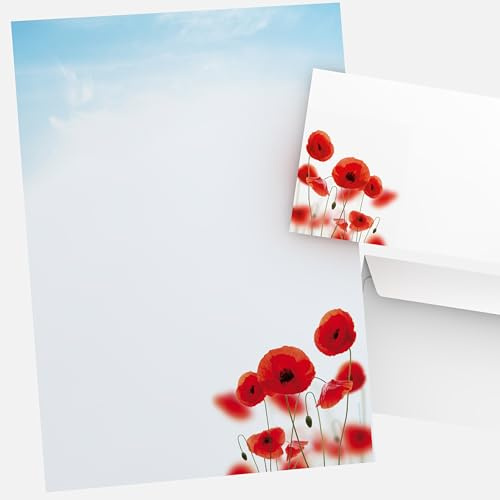 Motivpapier, Set mit Mohn-Motiv, 40 Stück, inkl. 20 Blatt Briefpapier, 20 passende Briefumschläge, DIN lang