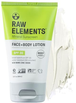 Raw Elements Face and Body Mineral Sunscreen SPF 30 Tube, Organic Sunblock Daily Protection, Non Toxic Reef Safe, Water Resistant, Cruelty Free, 3 oz (Pack of 1)