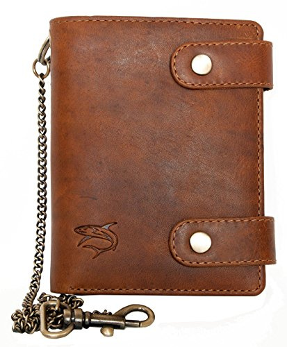 FLW Billetera marrón estilo motero de cuero genuino con cadena de metal con el tiburón