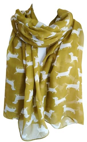 GlamLondon Schal mit Dackel-Druck, Mini-Wursthunde, Tier, Damen, lang, große Welpen, Olivgrün - P01D, 42