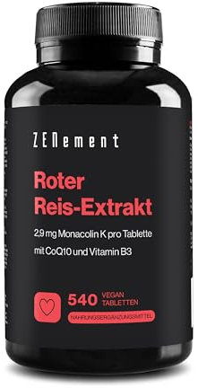 Fermentierter Roter Reis, 540 Tabletten Vegan | Hochdosiert: 2,9 mg Monakolin K, mit 10 mg Coenzym Q10 und Vitamin B3 pro Tablette | Monascus purpureus | Zenement