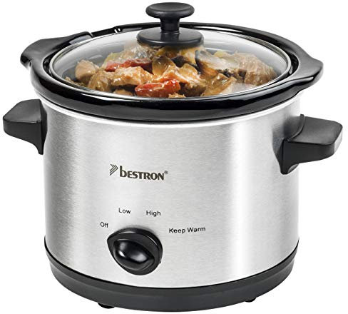 Bestron Olla de Cocción Lenta de Cerámica y Tapa de Vidrio, 1,5 Litros, 120 Vatios, Acero Inoxidable