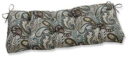 Pillow Perfect Paisley Indoor/Outdoor Sofa Setee Bench Swing Cushion with Ties, Tufted, Weather, and Fade Resistant, 18 x 48, Blue/Brown Tamara Quartz,