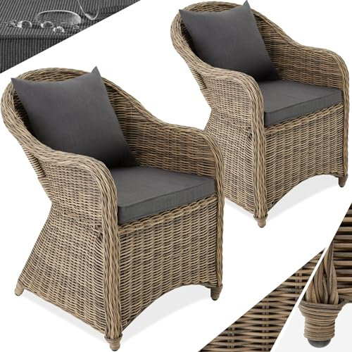 tectake® Alu Polyrattan Gartenstuhl 2er Set, Gartenmöbel Set mit 2 Sessel, wetterfest, Rattan Gartensessel mit weichen Sitzpolster, abziehbarer und waschbarer Bezug, stabil und bodenschonend - Natur
