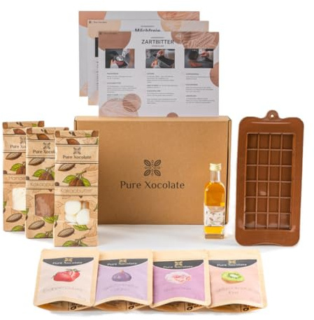 Pure Xocolate DIY-Schoko-Kit - Set zum Schokolade selber machen - Vegane, laktosefreie Alternative - Schokoladen-Geschenkideen für Kinder, Frauen & Männer - inkl. Silikonform und Rezepten