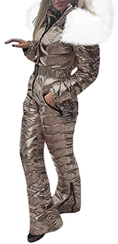 Minetom Damen Einteiliger Skioverall Winter Warm Schnee Skifahren Sätze Outdoor Jumpsuit Langer Overall mit Kapuze Reißverschluss Skianzüge Wasserdicht Winddicht Schneeanzug A Khaki XS